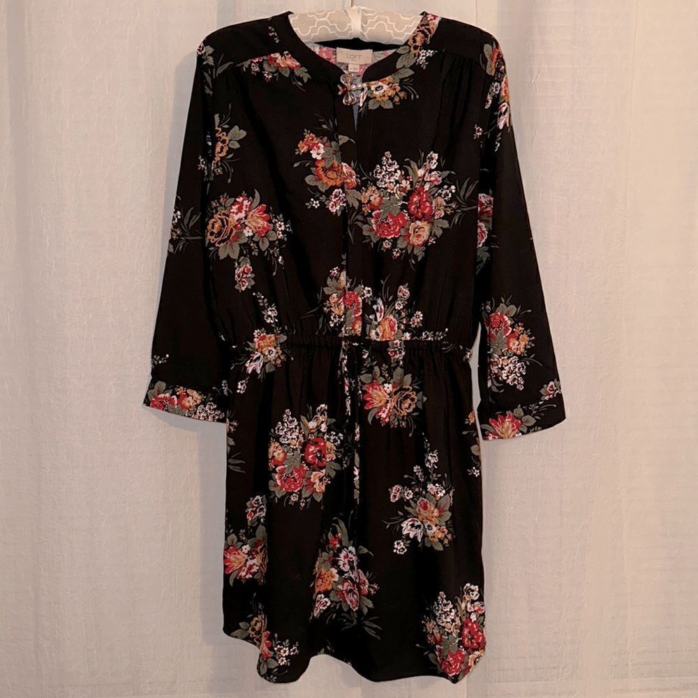 LOFT M Black Floral Quarter Sleeve Popover Shirt Dress